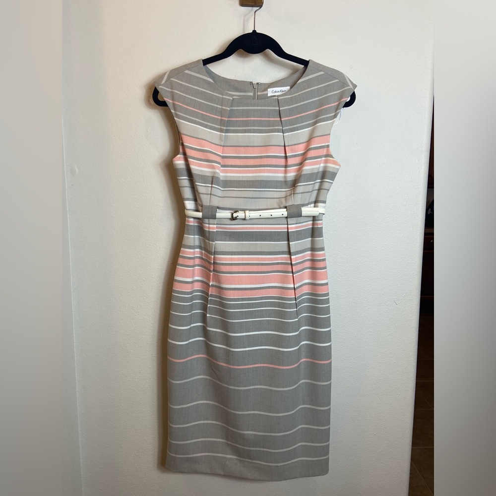 Calvin Klein Gray and Pink Sheath Midi Dress